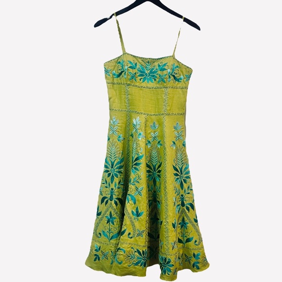 Susan Wong Green Embroidered Linen Beaded Spaghetti Strap Midi Dress - Sz 4 - Picture 3 of 10